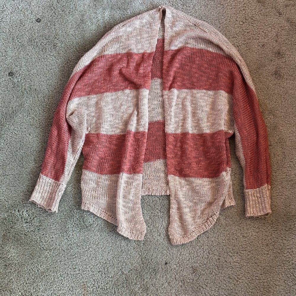 knit cardigan, brown and pink strips, size small, pink rose